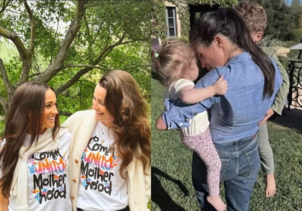 Meghan Markle com uma amiga e ao lado dos filhos